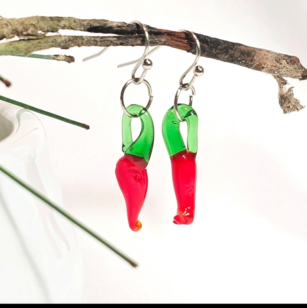 Red Hot Glass  Bead Jalapeño Pepper  Chili Drop Dangling Earrings